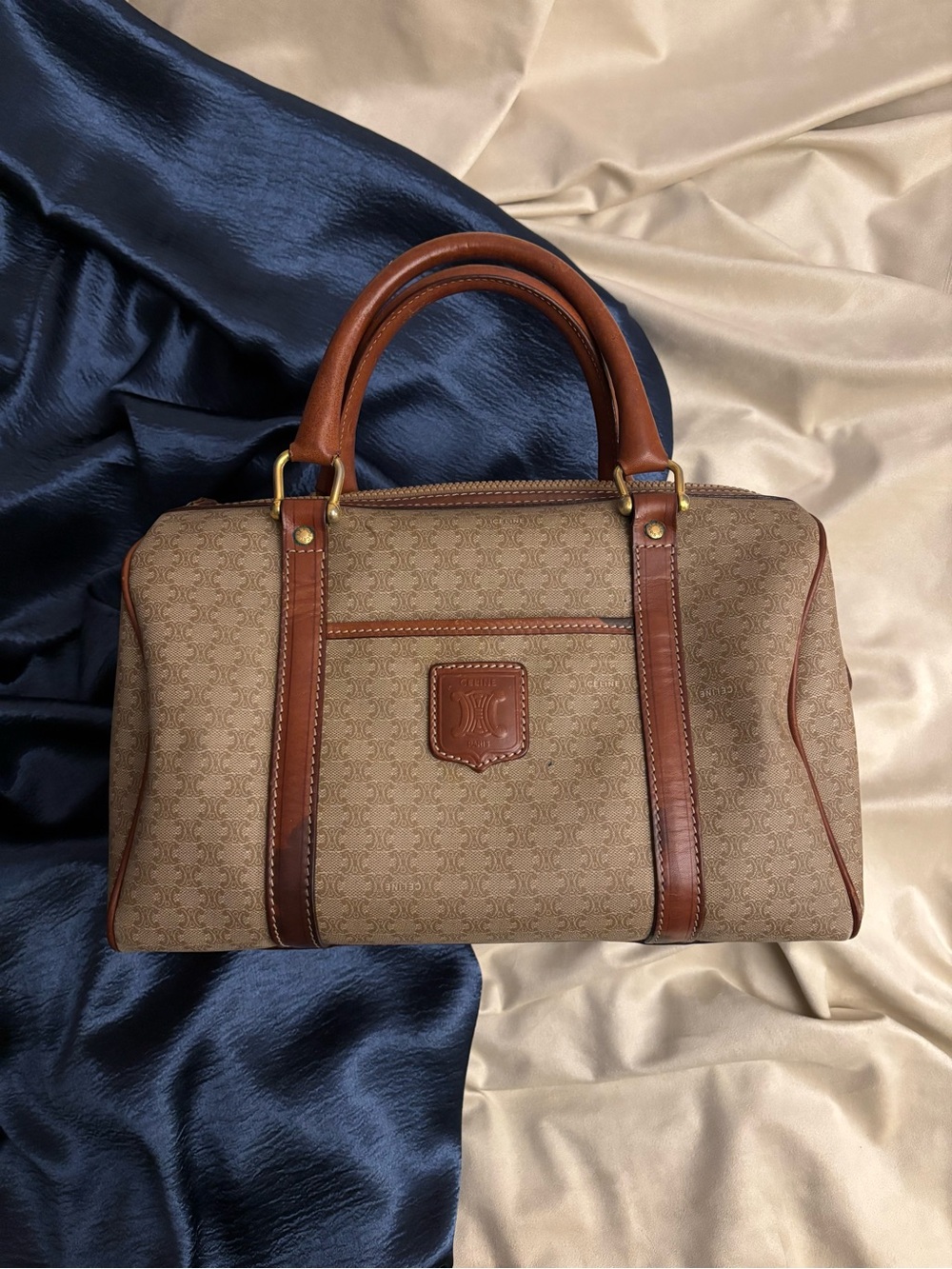 Celine Boston Bag, Brown Patterned Satchel with Tan Leather Trim